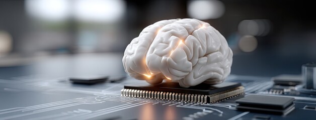 Digital brain on microchip showcasing the fusion of neuroscience and technology in a futuristic setting