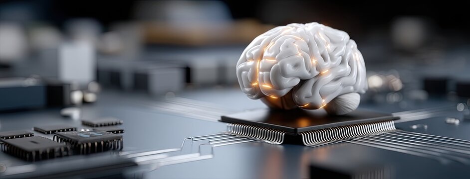 Digital brain on microchip showcasing the fusion of neuroscience and technology in a futuristic setting - Powered by Adobe