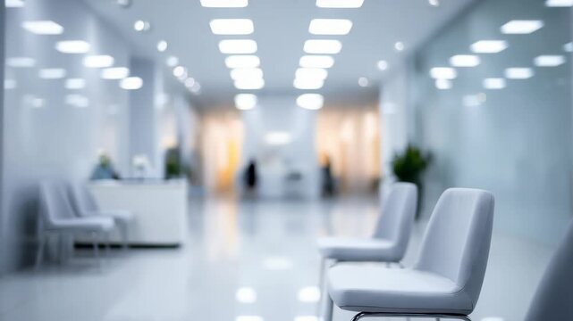 Spacious hospital waiting room with white chairs, glossy floors, and soft lighting, reflecting modern healthcare environments, cleanliness, comfort, and professional medical facility ambiance