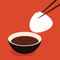 Dim sum food sets. Steamed dumplings banner template isolated on red. Asian traditional cuisine. Vector illustration in cartoon flat style. Chinese food.