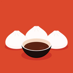 Dim sum food sets. Steamed dumplings banner template isolated on red. Asian traditional cuisine. Vector illustration in cartoon flat style. Chinese food.