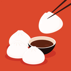 Dim sum food sets. Steamed dumplings banner template isolated on red. Asian traditional cuisine. Vector illustration in cartoon flat style. Chinese food.