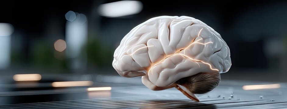 Digital brain on microchip showcasing the fusion of neuroscience and technology in a futuristic setting