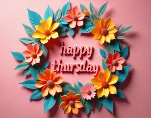 Obraz premium Festive colorful floral arrangement with phrase Happy Thursday. Decoration wreath of blooming flowers, leaves on pink background. Cheerful holiday design for greeting card banner. Positive message