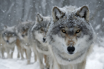 Piercing Golden Eyes of a Snow-Dusted Alpha Wolf Leading its Pack Through a Winter Storm