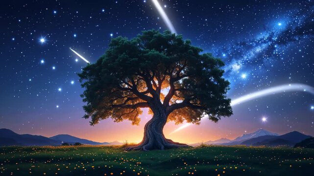 Magical Night Tree with Shooting Stars: Stunning Nature Background for 4K Live Wallpaper