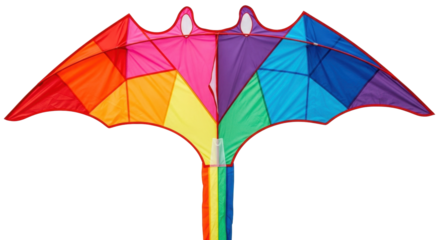 Isolated bat-shaped kite, made with vivid rainbow colors, fun for outdoor summer activities