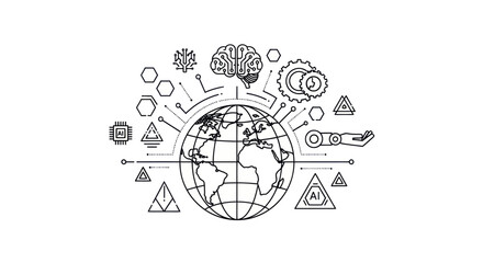 Global AI and Technology Concept Line Art Illustration.