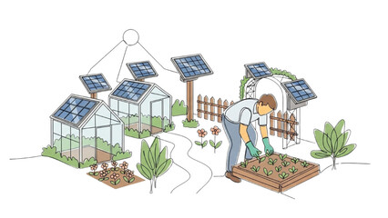 Continuous One Line Drawing of Community Garden with Solar Panels &ndash; Minimalist Line Art of Sustainable Living, Renewable Energy, and Eco-Friendly Lifestyle