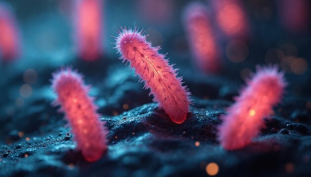 Microscopic illustration Haloarchaea microbes. Pink rod-shaped microorganisms exist in extreme environments. Close-up photo detailed structure. Image relevant for microbiology research biotech