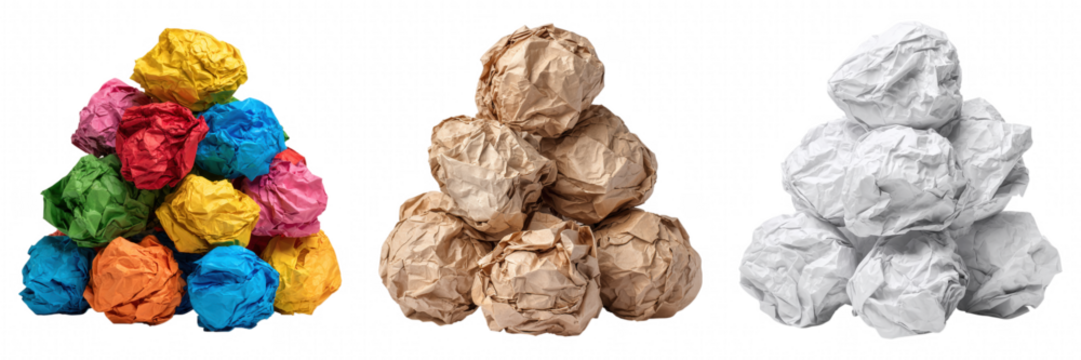 Pile of Multicolored Wrinkled Crumpled Paper Sheets Colorful, white, brown Collection Transparent Background