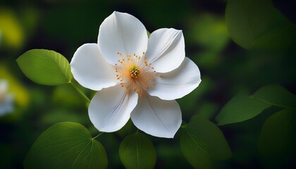 Obraz premium a white flower with green leaves