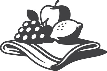 Still life drawing of fruits on a cloth with an apple lemon and grapes