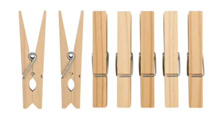 Isolated Clothes Pegs Several Wooden Clips with Metal Spring Holding Laundry Items Fasteners