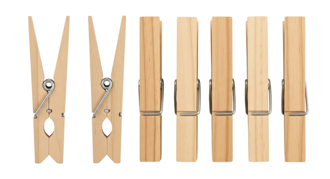 Isolated Clothes Pegs Several Wooden Clips with Metal Spring Holding Laundry Items Fasteners