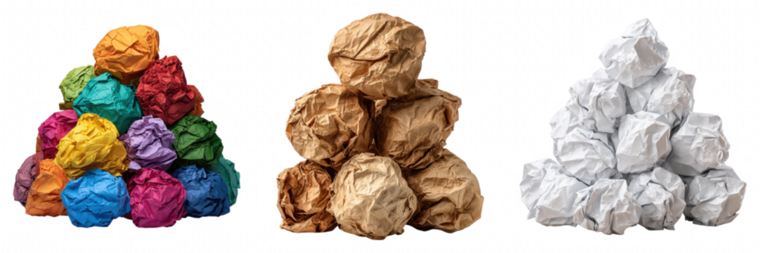 Pile of Multicolored Wrinkled Crumpled Paper Sheets Colorful, white, brown Collection Transparent Background