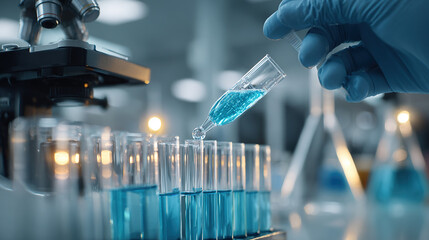 A scientist in a modern laboratory conducts research, using a pipette to transfer colorful liquid into test tubes for a scientific experiment.