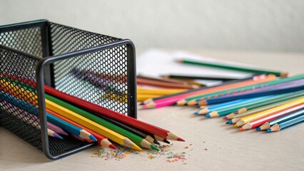 mesh box lying on its side and colored pencils scattered