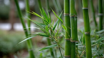 Lush green bamboo stalks create a serene and calming atmosphere in a tranquil outdoor setting during daylight hours