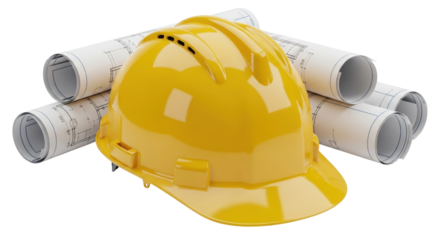 Isolated safety construction helmet rests on plans ready for execution and construction project