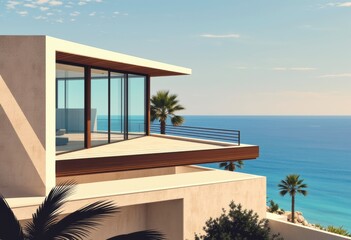 Modern seaside villa overlooking the ocean with palm trees and glass walls