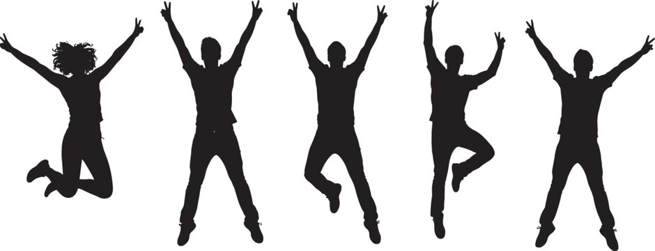 Silhouette figures jumping, raised arms, joyful celebration, unity in motion, expressive gesture, energetic pose, public happiness, dynamic movement, night scene, festive vibe