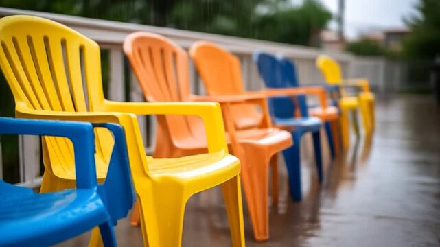 Row of colorful plastic chair under rain wet pavement outdoor