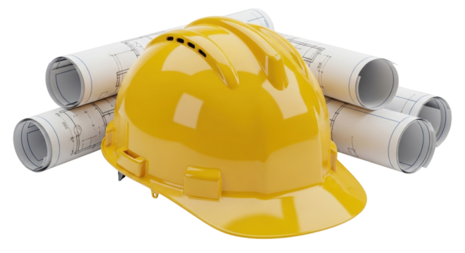 Isolated safety construction helmet rests on plans ready for execution and construction project