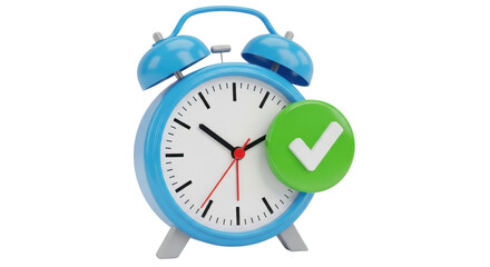 Isolated time management concept, blue alarm clock and green check mark, reminder, notification