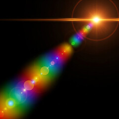 Obraz premium Vibrant rainbow lens flare bursts with bright orange light on a dark background creating a dynamic, energetic, and magical atmosphere for creative projects.