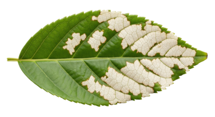 Isolated damaged green leaf showing feeding traces of leaf-mining insects, no background