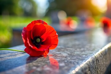 Remembrance Day Poppies on a Granite Memorial in the Sunlight