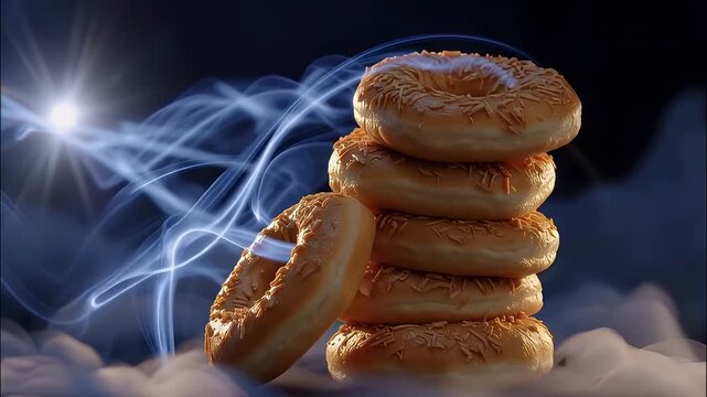 Glazed doughnut stack with chocolate sprinkle covered layers, smoke and soft fog swirling in moonlight glow, dramatic lighting, dreamy studio food photography still life scene