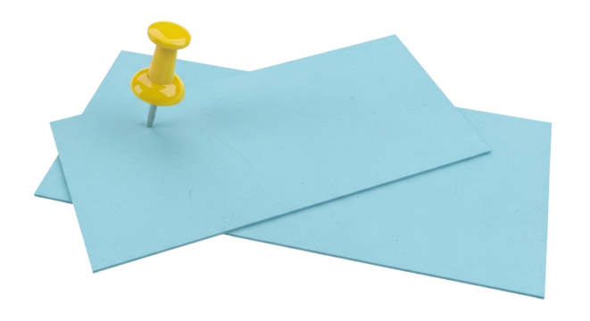 Isolated blue paper pinned with a yellow pushpin, two sheets of paper, reminder paper