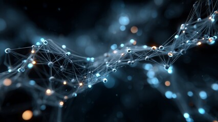 Network of interconnected nodes and lines illuminated in blue and orange against a dark background, representing digital connections and technology