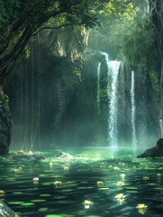 Mystical Waterfall and Glowing Lagoon in Enchanted Forest