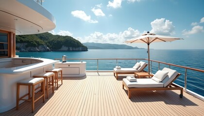 Obraz premium Luxury yacht deck offers bar stools, sunbeds, and umbrella for relaxation. Calm ocean waters surround green hills under a bright, cloudy blue sky.