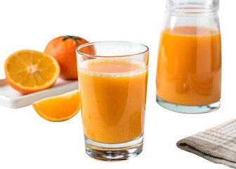 Fototapeta premium Refreshing orange juice in a tall glass and bottle with fresh oranges isolated on transparent background