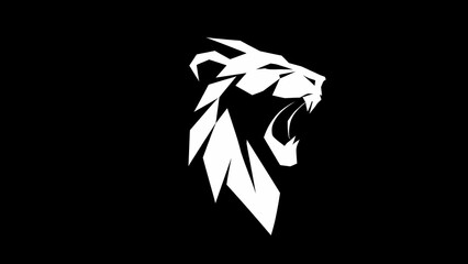 Striking stylized white silhouette of a roaring lion head rendered in a sharp, low-poly geometric aesthetic