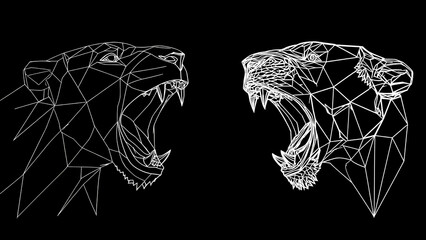 Highly detailed, aggressive, abstract black and white line art of a roaring lion's head and open jaw.