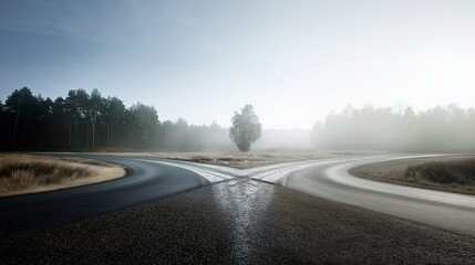 Fototapeta premium junction. A conceptual crossroads splitting in two directions, symbolic path choice. wellbeing guides, coaching materials, designed for coaching and self-improvement content, used by lab technicians.