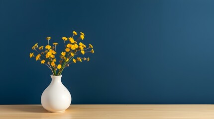 Simple vase with yellow flowers against a deep blue backdrop