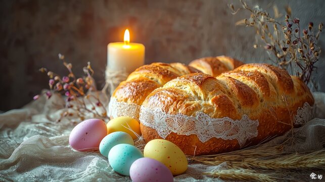 Easter Bread with Colored Eggs and Candle Still Life: Traditional Holiday Baking and Decoration for Festive Celebrations