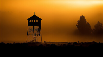 Fototapeta premium watchtower. Silhouette of a solitary watchtower in morning mist with a telescope mounted. real-estate listings, architecture portfolios, designed for interior renovation comparisons for interiors.