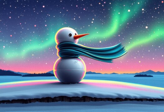 Snowman with scarf under aurora sky in a wintry landscape