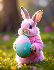 Pink bunny holding Easter egg