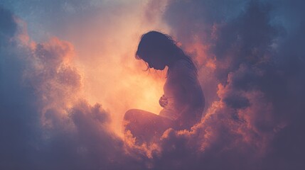 Obraz premium Serene Silhouette of Woman Meditating Amidst Colorful Clouds