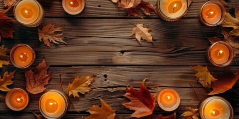 Halloween Background with Burning Candles and Autumn Leaves on Wooden Table