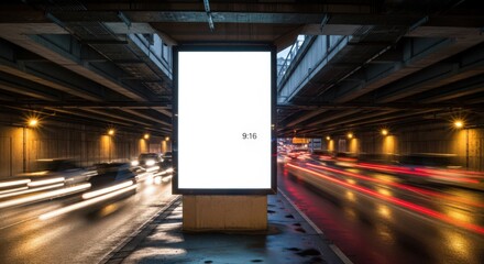 Illuminated Billboard Blank Screen Amidst Streaking Car Lights on Urban Overpass at Night.