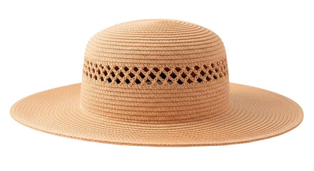Isolated stylish straw hat for sun protection worn on head for beach days vacations